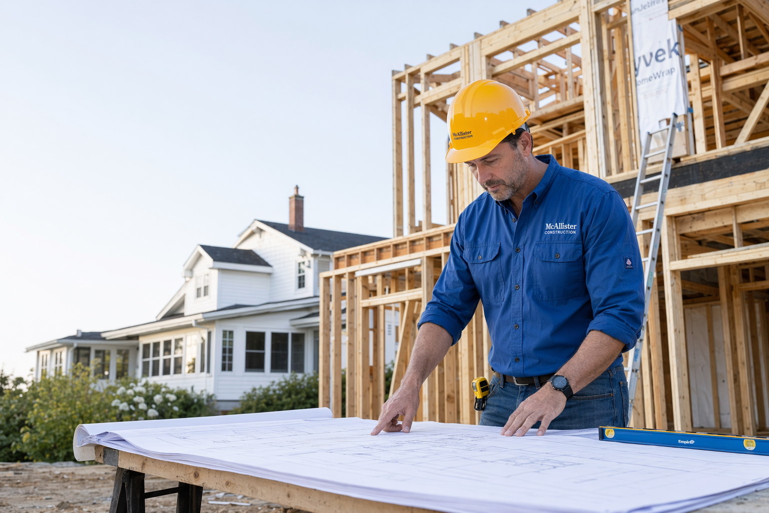 Licensed general contractor reviewing blueprints at a residential build site
